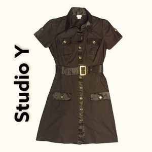 STUDIO Y Brown Button Up Collared with Belt Dress Size 3